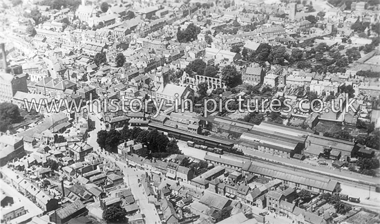 St Botolph's Station, Priory and Castle from the air, Colchester, Essex.